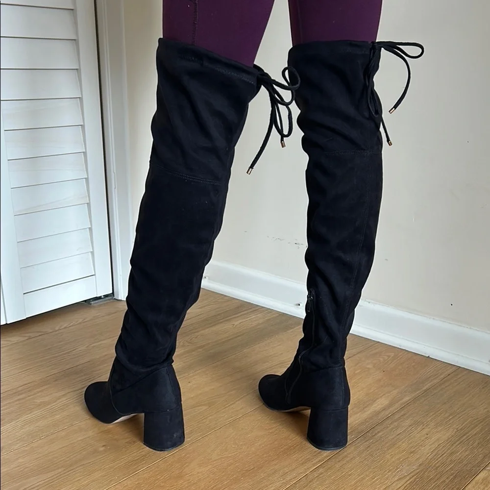 Size 8.5 | Osana | Over-The-Knee Black Heeled Boots | Chic & Sleek Silhouette